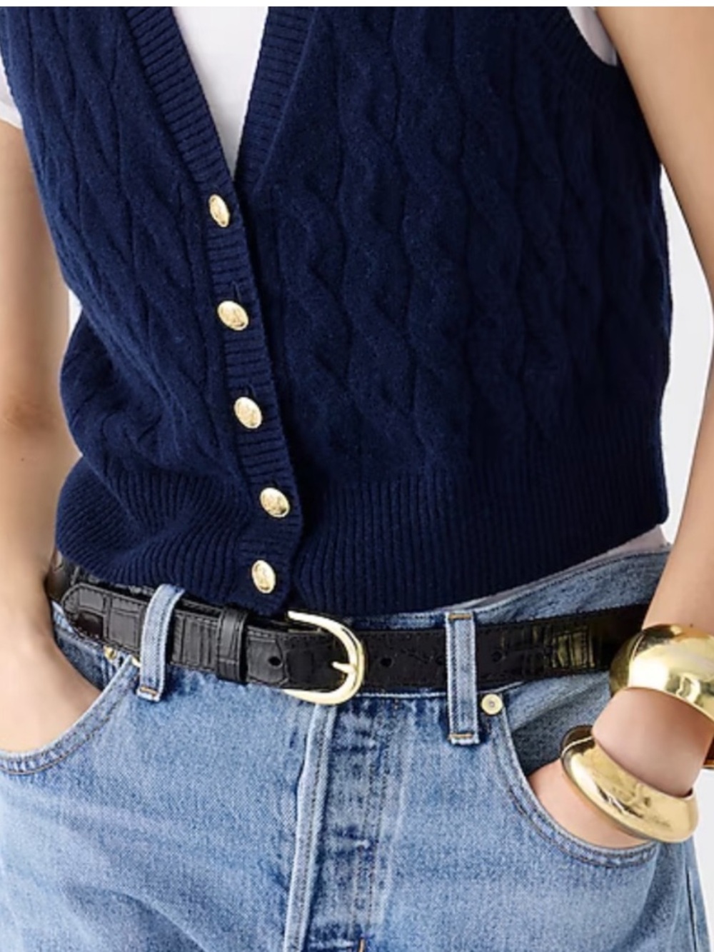 J. Crew Cashmere Navy Cable-Knit Sleeveless Cardigan Vest with Gold Buttons